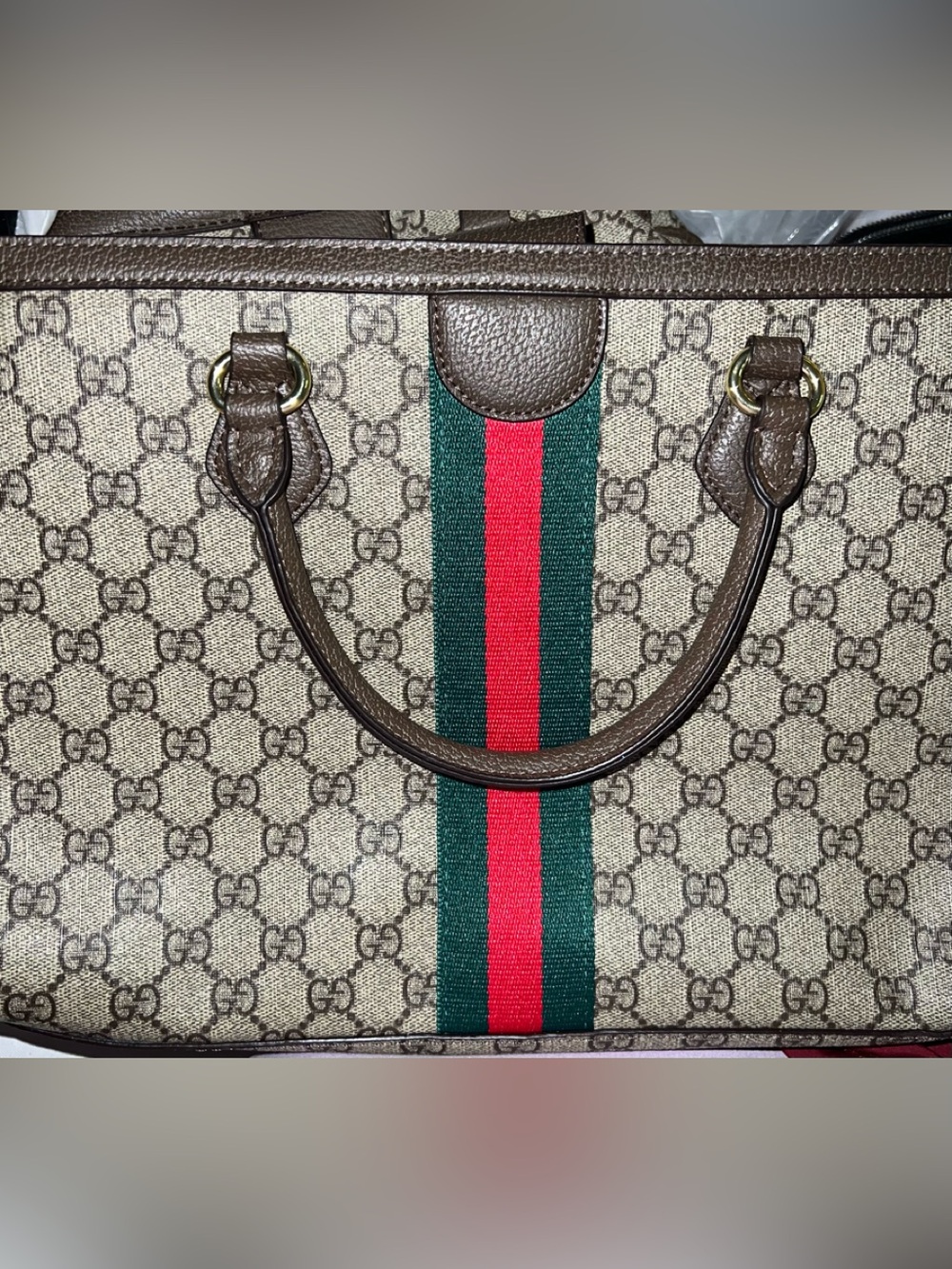 Brown Monogram Canvas Top-Handle Bag with Green & Red Stripe - Picture 2 of 3